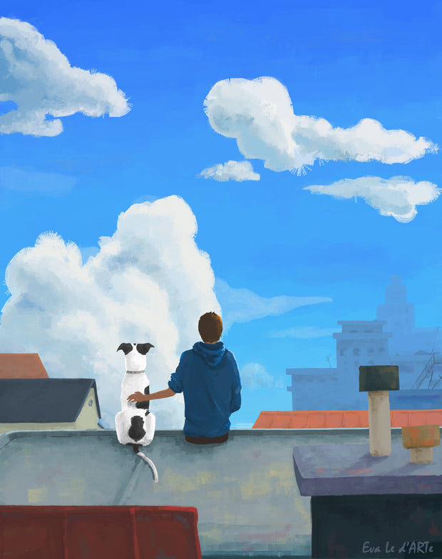 OIl painting on canvas "Afternoon", a dog and boy looking over the city