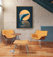 The Whale and The Moon painting, hand-painted, oil on canvas - orange and blue version, in the interior