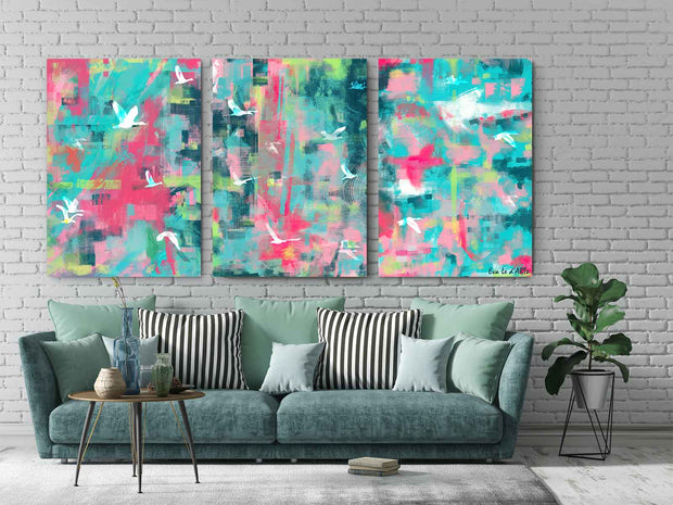 Flying Birds Abstract Oil Painting, Triptych Painting, Canvas Wall Art, Room Decor | le d’ARTe