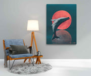 The Whale and The Moon painting, hand-painted, oil on canvas - blue and red version, wall art 