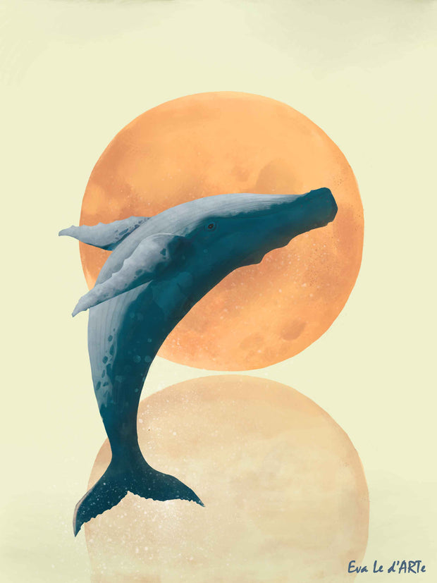 The Whale and The Moon painting, hand-painted, oil on canvas - yellow and orange version 