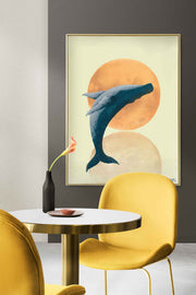 The Whale and The Moon painting, hand-painted, oil on canvas - yellow and orange version, wall art in the interior