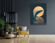 The Whale and The Moon painting, hand-painted, oil on canvas - orange and blue version, wall art